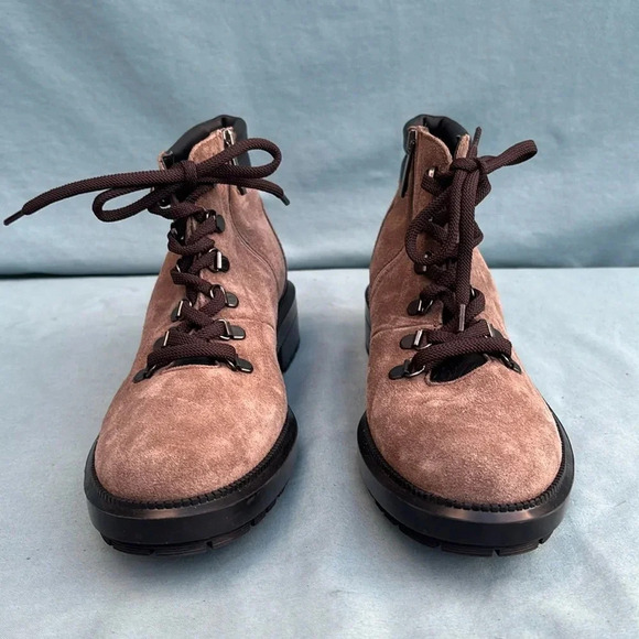 NWOT Aquatalia Liviana Taupe Suede Weatherproof Combat Hiker Boots, Size 8.5M - Picture 2 of 9